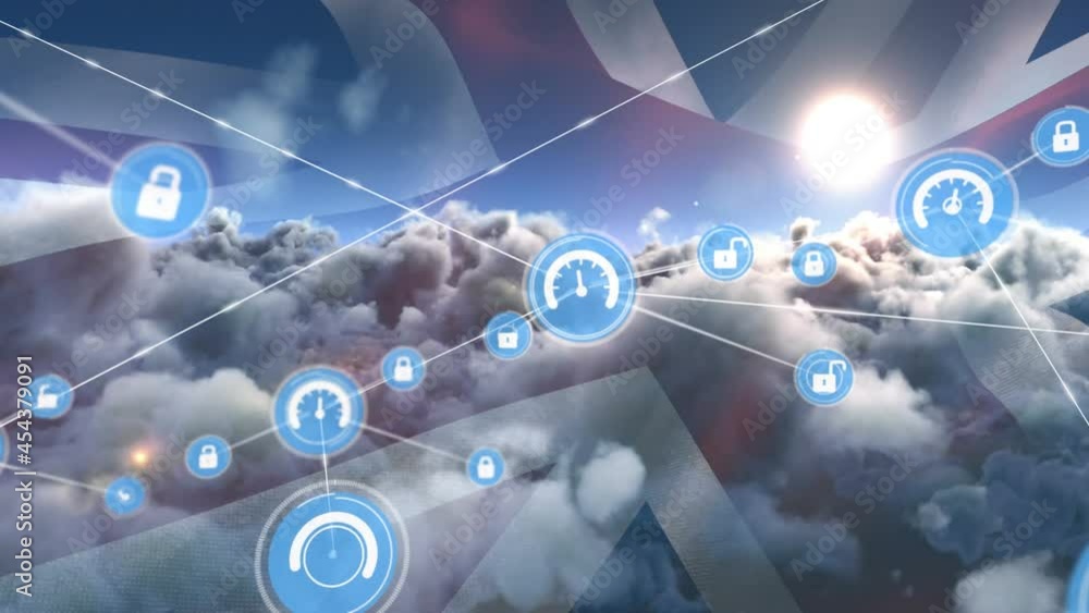 Animation of network of connections of icons over united kingdom flag and clouds Animation of network of connections of icons over united kingdom flag and clouds