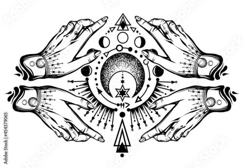 Vector illustration, magical astrology,  Alchemy, spirituality and occultism,magic symbol in hands, Handmade, print on t-shirt, tattoo