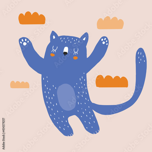 Cute Hand Drawn Nursery Vector Illustration with Blue Baby Cat Flaying Among Clouds. Lovely Childish Style Art with Blue Dreamy Kitty on a Blush Background ideal for Card, Poster, Wall Art. Cat Print.
