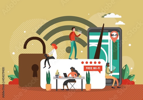 People in public wifi zone, flat vector illustration. Wireless internet connection, free wifi hotspot.