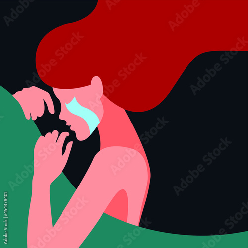 vector illustration on the topic of psychological health. the girl lies in bed and cries into the pillow. tears on the face. fighting depression, loneliness, loss, despair, problems.