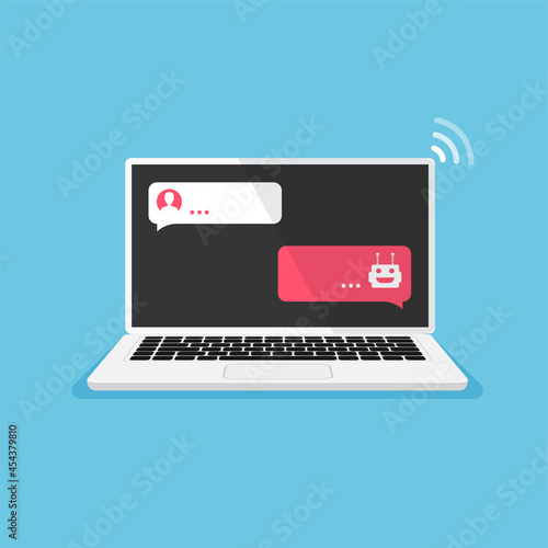 Chat bot concept. Open laptop with dialog boxes. Chatting between robot and human on computer display. Flat design of messaging bubbles. Vector illustration.