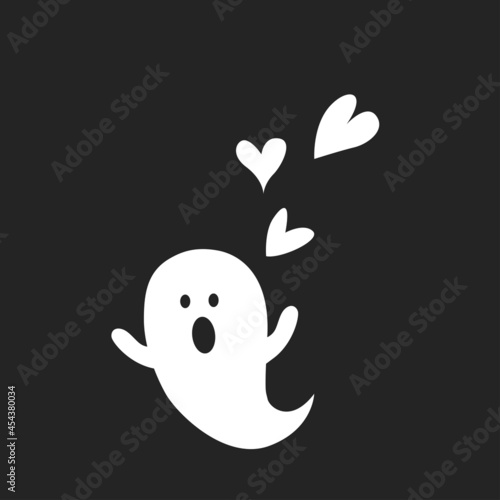 Cute white ghost spook horror with heart icon. Halloween character design on black background