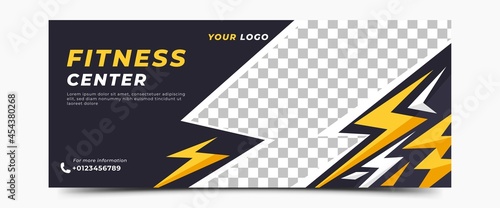 Fitness and gym horizontal banner cover design. Modern banner with geometric shape elements.