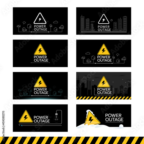 The banner set of a power outage has eight black banners with warning signs. Vector illustration.