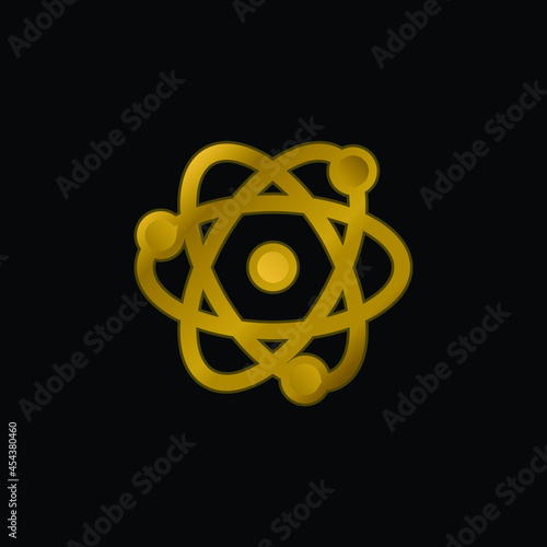 Atom gold plated metalic icon or logo vector