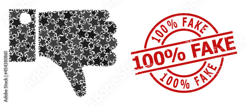 Thumb down star pattern and grunge 100% Fake seal stamp. Red seal with grunge texture and 100% Fake caption inside circle. Abstract thumb down collage is designed with randomized flat star icons.