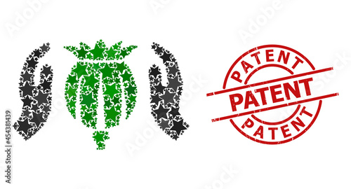 Poppy care hands star pattern and grunge Patent badge. Red stamp with grunge surface and Patent caption inside circle. Abstract poppy care hands collage is organized with randomized flat star icons.