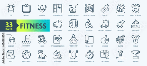 Web Set of Fittness Vector Thin Line Icons. Contains such Icons as Healthy Lifestyle, Weight Training, Body care and more. Outline icons collection. Simple vector illustration. photo