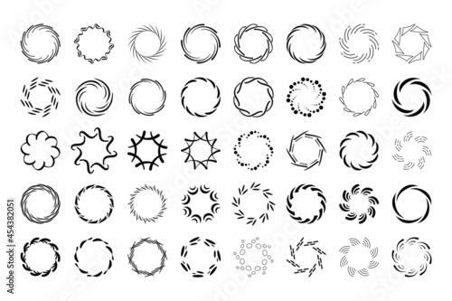 Vector spiral icons. Swirling motion wind vortex whirlpool. Exploding geometric shapes. Stock illustration isolated elements on white background