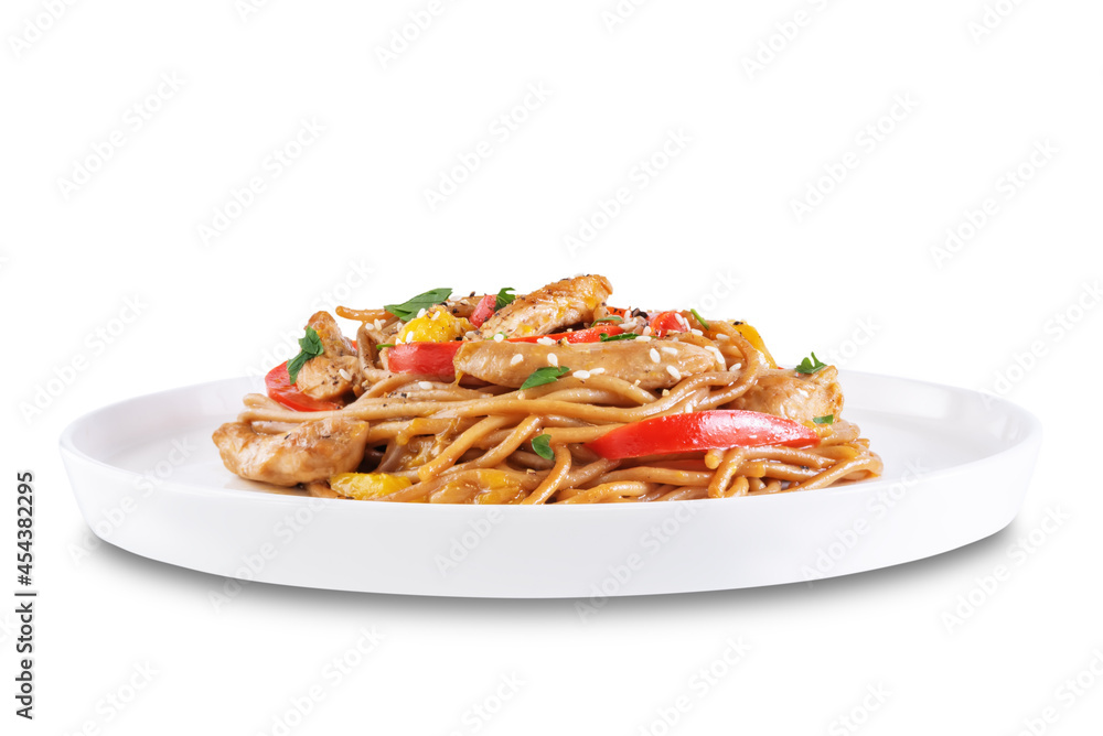 Buckwheat pasta with chicken, mango and red pepper in a plate on a white isolated background