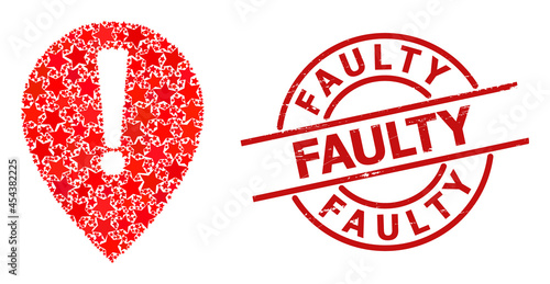 Notice map pointer star pattern and grunge Faulty stamp. Red stamp with unclean texture and Faulty caption inside circle.