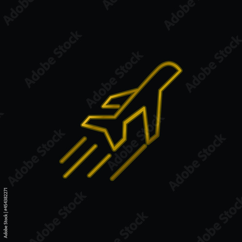 Airplane Side View In Flight gold plated metalic icon or logo vector