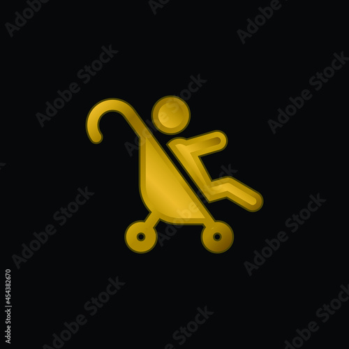 Baby Stroller gold plated metalic icon or logo vector