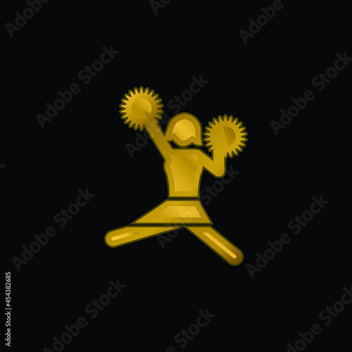 American Football Cheerleader Jump gold plated metalic icon or logo vector