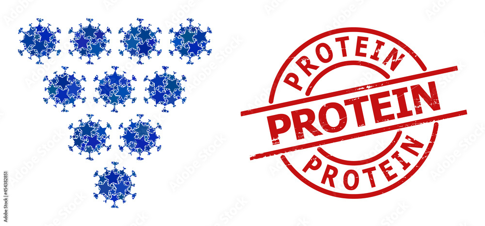 Virus grapes star mosaic and grunge Protein stamp. Red imprint with grunge texture and Protein slogan inside circle. Abstract virus grapes composition is combined with randomized flat star items.