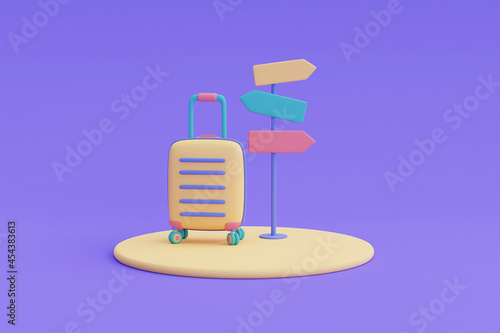 Yellow suitcase and signpost Tourism and travel concept holiday vacation Ready for travel 3d render.