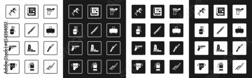 Set Pistol or gun, Military knife, Hand grenade, MP9I submachine, Weapon case, Book with pistol, Hunting and icon. Vector