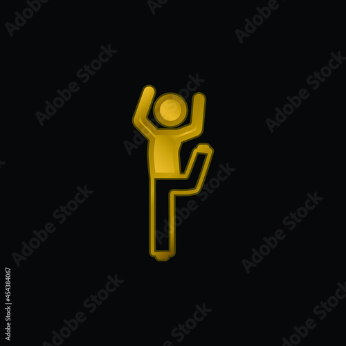 Boy With Bended Leg And Arms Up gold plated metalic icon or logo vector