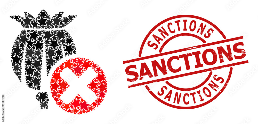 Forbid poppy star pattern and grunge Sanctions seal. Red imprint with grunge texture and Sanctions text inside circle. Abstract forbid poppy concept is designed with scattered flat star elements. Forbid poppy star pattern and grunge Sanctions seal. Red imprint with grunge texture and Sanctions text inside circle. Abstract forbid poppy concept is designed with scattered flat star elements.