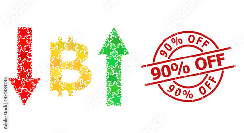 Bitcoin volatility star mosaic and grunge 90% Off seal. Red watermark with grunge texture and 90% Off text inside circle. Abstract bitcoin volatility mosaic is done with random flat star elements.
