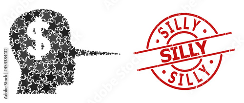 Financial liar star mosaic and grunge Silly seal. Red seal with rubber style and Silly caption inside circle. Abstract financial liar mosaic is composed with randomized flat star parts.