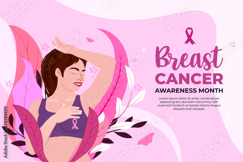 International day against breast cancer. Breast cancer awareness month October, Hand drawn flat portrait illustration Pink background