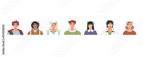 Facial recognition technology, verification and biometric identification of person. Concept of scanning, face ID system or artificial intelligence. Portraits of young diverse adults in flat style.