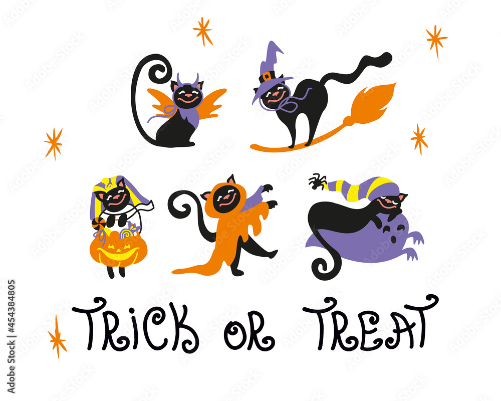 Fototapeta premium Halloween cat, set ilustraciones for halloween, trick or treat