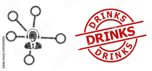 Call center links star pattern and grunge Assistance badge. Red imprint with grunge style and Assistance caption inside circle.