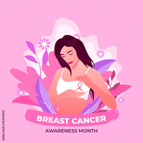 International day against breast cancer. Breast cancer awareness month October, Hand drawn flat portrait illustration Pink background