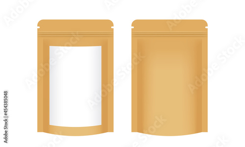 zipper paper bag brown packaging with white label, coffee bag paper kraft brown, paper bag for mock-up branding and food product packaging, 3d illustration