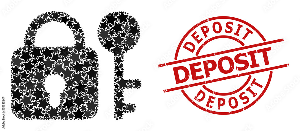 Secrecy star pattern and grunge Deposit seal stamp. Red seal with unclean style and Deposit word inside circle. Abstract secrecy composition is constructed with randomized flat star parts. Secrecy star pattern and grunge Deposit seal stamp. Red seal with unclean style and Deposit word inside circle. Abstract secrecy composition is constructed with randomized flat star parts.