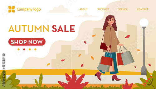 Young, stylishly dressed woman with shopping bags, walking on autumn background. Autumn Sale banner, template for landing page. Vector illustration in flat style