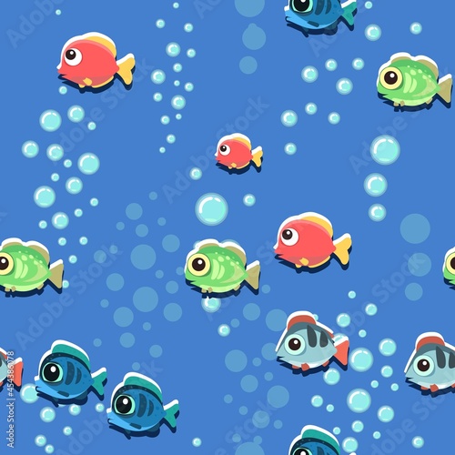 Funny funny fish. The bottom of the reservoir. Sea ocean. Bubbles. Underwater landscape with plants, algae and corals. Seamless. Illustration in cartoon style. Flat design. Vector art © Ирина Мордвинкина