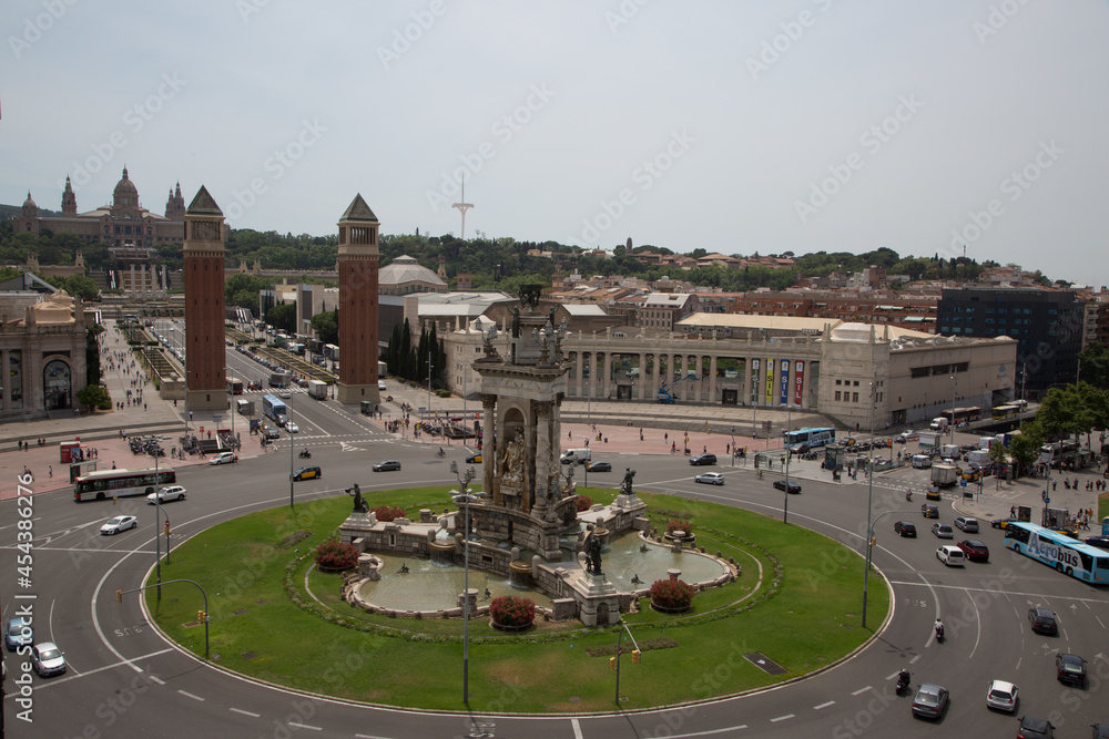 Obraz premium The beautiful view from the arenas de Barcelona (the old Bullring),towards the Montjuic, the National Museum of Catalan art Palau, the amazing fountains, the Venetian tower, Plaza Spain, Catalonia Spa