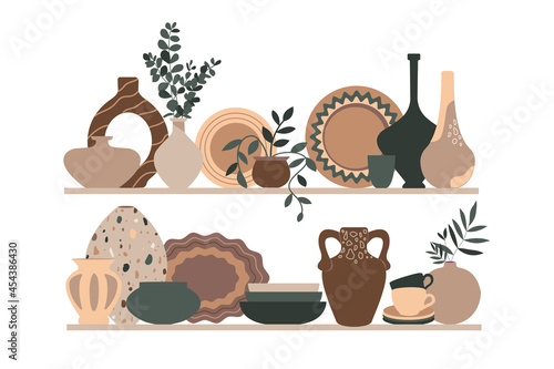  Set of dishes, colorful plates, bowls, ceramic vases with plants and a jug on a white background. handmade ceramic earthenware tableware vector	