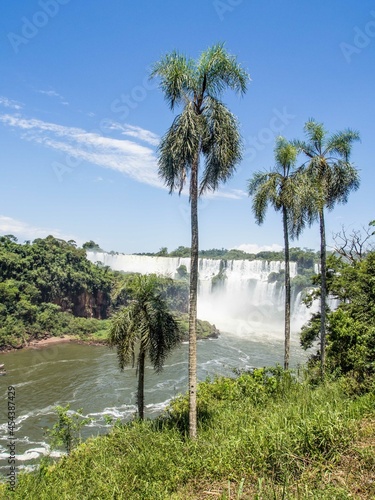 Aerial view of iguazu falls from the brazilian side in sunny day with blue sky