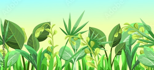 Green tropical herbs and bushes. Horizontal seamless composition. Jungle meadow. Shoots of palms and plants. Funny cartoon style. Green exotic landscape. Vector.