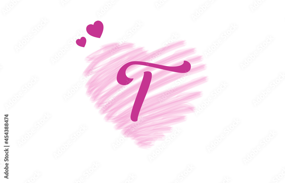Initial T Logo with Pink Heart Icon. Letter T Concept with Love. Vector Illustration. Valentines Concept Logotype. Initial T Logo with Pink Heart Icon. Letter T Concept with Love. Vector Illustration. Valentines Concept Logotype.