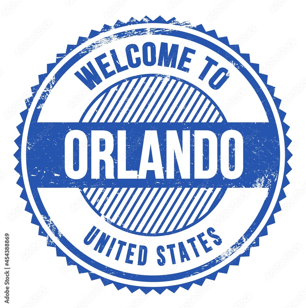 WELCOME TO ORLANDO - UNITED STATES, words written on light blue stamp