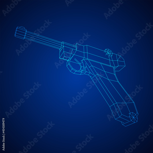 German world war military firearm pistol. Wireframe low poly mesh vector illustration.