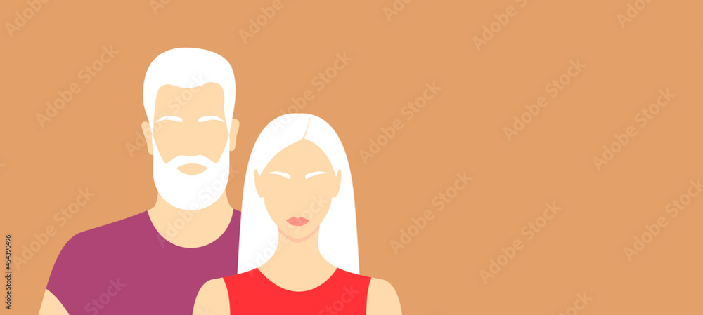 Albino woman and man on a soft orange background with copy space Albino woman and man on a soft orange background with copy space