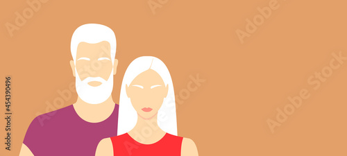 Albino woman and man on a soft orange background with copy space