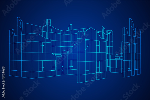 Destroyed building ruin and concrete, war destruction concept. Wireframe low poly mesh vector illustration.