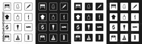Set Grilled shish kebab, Cutting board, Chef hat, BBQ brazier, Barbecue knife, Steak meat, and icon. Vector