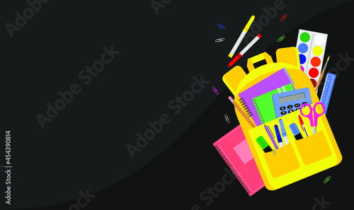 Multicolored school stationery accessories and yellow bagpack on a dark gray background with copy space. Flat vector illustration