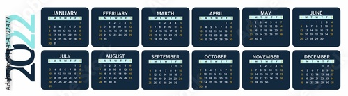 Calendar 2022 is fashionable and modern. On a blue background. A set of desktop calendars for 2022, a wall calendar design, a Planner, the beginning of the week on Sunday. Vector illustration.