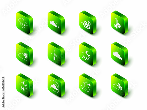 Set Cloud, Windy weather, Meteorology thermometer, with rain and moon, Moon stars and Weather forecast icon. Vector