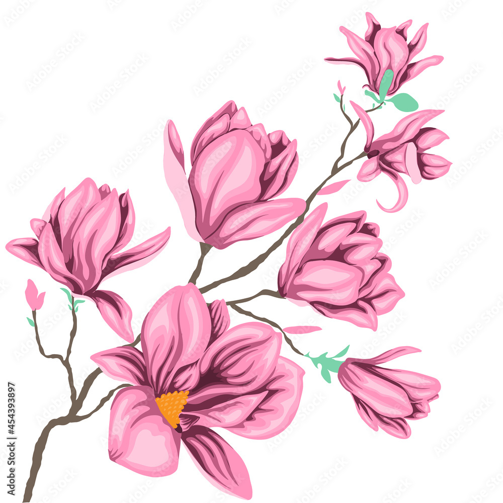 Naklejka Ilustracja wektorowa gałęzi różowych liści i kwiatów magnolii